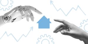 robot ad human hand reaching a house